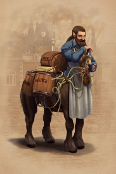 a man is sitting on top of a horse with luggage strapped to it's back