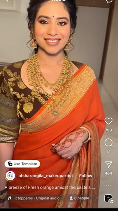 Orange Colour Saree Contrast Blouse, Brown Saree With Contrast Blouse, Orange Saree Blouse Combination, Devi Makeup Look, Orange Saree Contrast Blouse, Orange Saree Look, Orange Pattu Saree, Brown Saree Blouse, Blouse Models Latest