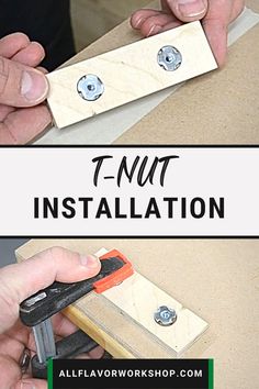 a person using a pair of pliers to cut wood with the words t - nut installation above it