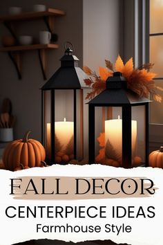 fall decor centerpiece ideas farmhouse style with candles and pumpkins on the table in front