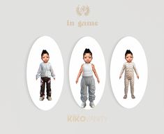 three children's clothes are shown with the names in game