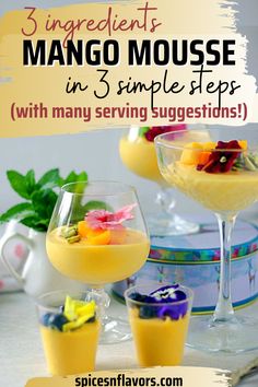 three glasses filled with different types of desserts on top of a table next to each other