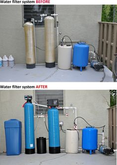 before and after photos of a water filtrator system in front of a house