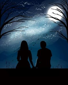 two people sitting on a bench looking at the night sky with stars and moon in the background