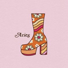 an orange shoe with flowers on it and the word aris written in large letters