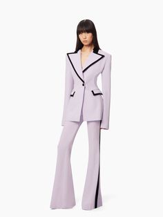 Elegant Lilac Women's Blazer and Pant Suit Set with Black Trim - Tailored Fit by TheMagnusAtelier on Etsy Contemporary Suits For Women, Purple And Black Suit For Women, Color Suits Women, Female Pant Suit, Pants Suits For Women Chic, Women Power Suit, Women Suits Business, Satin Suit Women, Flared Suit Pants