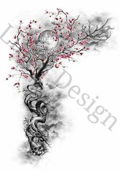 a drawing of a tree with pink flowers on it