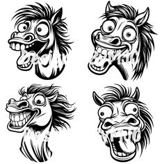 four lion heads with different facial expressions and hair on the head, one is black and white