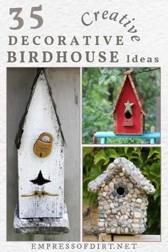 three different bird houses with the words 35 creative decorative birdhouses ideas