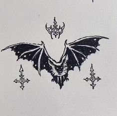 a drawing of a bat with wings and cross tattoos on it's back side