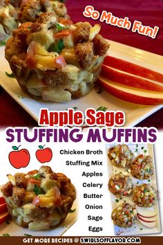 an advertisement for apple sage stuffing muffins on a plate with apples and cinnamon