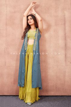 Petrol blue/Yellow Palazzo Outfit With Appealing Shrug – Palkhi Fashion Blue Combination Color Outfit, Blue Palazzo Set For Diwali, Blue And Yellow Indian Outfit, Festive Yellow Palazzo Set With Mirror Work, Blue Floor-length Palazzo Set For Festivals, Yellow Palazzo Set For Navratri Party, Top And Palazzo Pants, Palazzo Outfit, Palkhi Fashion