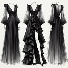 three black dresses with long sleeves and ruffles on the bottom, one in sheer fabric