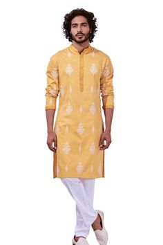 Yellow straight kurta with tonal floral embroidered buttas. Comes with solid pyjama. - Aza Fashions Eid Fitted Kurta With Tonal Embroidery, Eid Straight Kurta With Tonal Embroidery, Festive Traditional Wear With Tonal Embroidery For Eid, Eid Festive Traditional Wear With Tonal Embroidery, Traditional Kurta With Tonal Embroidery For Eid, Traditional Festive Kurta With Tonal Embroidery, Traditional Eid Kurta With Tonal Embroidery, Festive Cotton Sets With Tonal Embroidery, Festive Tonal Embroidery Sets For Eid