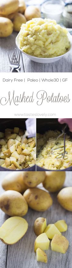 mashed potatoes are being cooked in a pan and placed on a table with other ingredients to make mashed potatoes