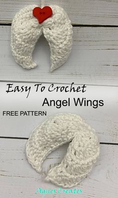 two crocheted angel wings with a red heart hanging from the top, and text overlay that says easy to crochet angel wings free pattern