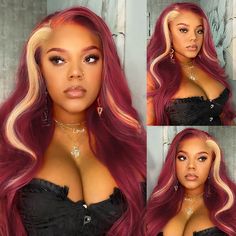 J99 Hair Color, Human Hair Wigs Colored, Cherry And Blonde Hair, Burgundy And Blonde Hair, Burgundy Blonde Hair, Blonde Skunk Stripe, Custom Color Wigs, Skunk Stripe Wig, Red Hair Hairstyles