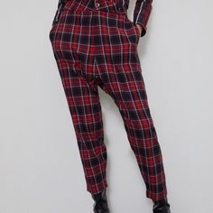 Nwt Zara Size Xs Red/Black Baggy Plaid Pants Brand New With Tags High-Waisted Pants With Side Pockets And False Back Flap Pockets. - 98% Cotton, 1% Polyester, 1% Elastane - Approximate Measurements: 13.5" Waist Across, 15" Rise, 24" Inseam Casual Red Zara Bottoms, Trendy Red Zara Pants, Casual Plaid Zara Bottoms, Trendy Plaid Zara Bottoms, Zara Casual Plaid Bottoms, Red Baggy Bottoms For Winter, Zara Red Pants For Fall, Red Baggy Pants For Winter, Red Baggy Winter Pants