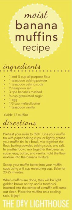 the recipe for banana muffins is shown in yellow and white, with an image of