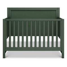 a green crib with white sheets on the bottom and side rails, in front of a