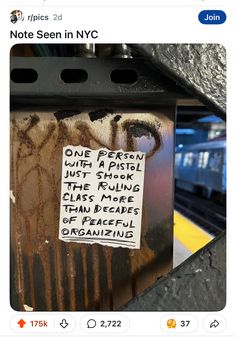 a postcard with some writing on it and a train in the background that says, note seen in nyc