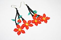 Native American Earrings Huichol Earrings Beadwork Huichol Art Mexican Jewelry 3D Flower Dangling Hippie Jewelry Hippie Earrings Authentic Adjustable Red Flower Beaded Earrings, Red Flower Beaded Earrings With Dangling Beads, Huichol Earrings, Red Flower Earrings, Earrings Native American, Jewelry Hippie, Native American Earrings, Huichol Art, Jewelry Making Earrings