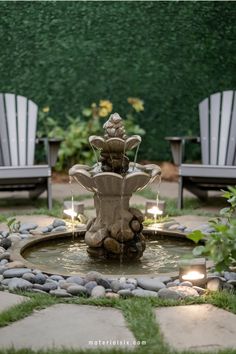 Garden fountain with water cascading into a circular stone basin, flanked by two Adirondack chairs.