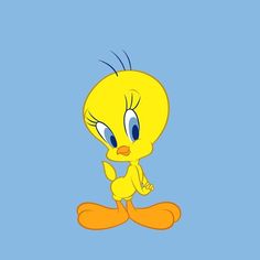 a yellow bird with big blue eyes on a blue background