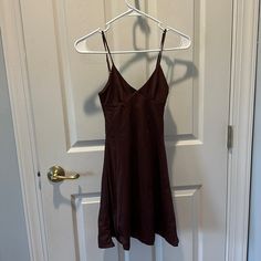 Maroon Ohpolly Dress In A Size Small! Brown Fitted V-neck Slip Dress, Sleeveless Slip Dress For Date Night In Fall, Brown A-line Sundress, Fitted V-neck Slip Dress For Fall, Fitted Satin Dress For Day Out, Brown Mini Length Casual Dress, Chic Brown Satin Mini Dress, Brown V-neck Casual Dresses, Satin Midi Dress For Day Out