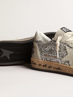 Ball Star in silver glitter with ice-gray suede inserts | Golden Goose Love Is All We Need, Golden Family, Goose Sneakers, Golden Goose Sneakers, Star Sneakers, Love Is, Low Top Sneakers, Gray Suede, Golden Goose