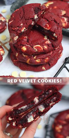 red velvet cookies are stacked on top of each other