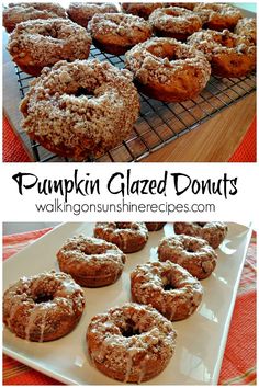 pumpkin glazed doughnuts on a cooling rack with the words, pumpkin glazed donuts