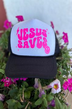 I love that you can you can spread his word in a fun way! Great conversation starter! Great staple for any wardrobe black and white foam trucker adjustable snap back Jesus saves graphic in neon pink Hat Sayings, Vinyl Board, Funny Trucker Hat, Pink Trucker Hat, Hat Bar, Wardrobe Black, Country Hats, Custom Trucker Hats, Vinyl Quotes