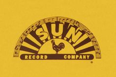 the sun record company logo is yellow and black with an orange rooster on it's side