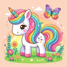 a cute little pony standing on top of a lush green field next to a butterfly