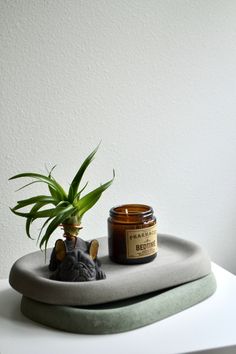 a small potted plant sitting on top of a white table next to a candle