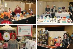 three pictures of people standing at a table with items on it and in front of them