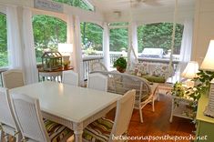 a screened porch with chairs and tables on it