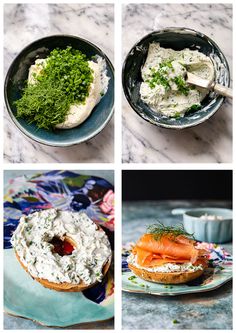 four different plates with food on them including bagel, cream cheese and salmon salad