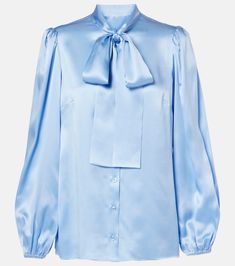 Bow-detail silk satin blouse in blue - Dolce Gabbana | Mytheresa Chic Semi-formal Silk Shirt, Chic Silk Shirt For Semi-formal Occasions, Elegant Silk Button-up Top, Luxury Silk Top For Evening, Luxury Silk Evening Top, Elegant Silk Shirt For Formal Occasions, Spring Satin Blouse With Buttons, Classic Satin Tops For Evening, Classic Silk Top For Evening