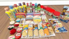 an assortment of snacks and condiments are arranged on the floor in front of each other