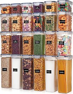 a stack of plastic containers filled with different types of cereals and pastasticks