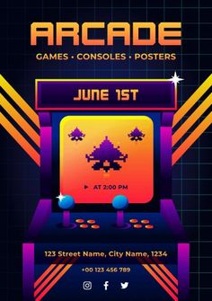 an arcade game poster with neon colors