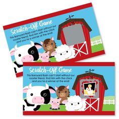 two business cards with farm animals and barn on the front one is for each child's name