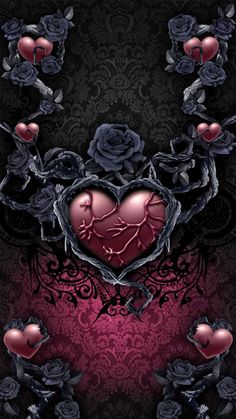 a red heart surrounded by roses on a black and pink background with hearts in the middle