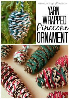 yarn wrapped pinecone ornaments with text overlay