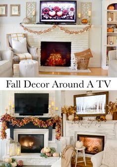 a living room decorated for fall with white furniture and decorations on the mantels