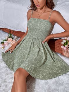 Green Boho Collar Sleeveless Polyester Polka Dot Cami Embellished Non-Stretch Summer Women Dresses Cute Summer Dresses, Inspired Outfits, Really Cute Outfits, White Summer, Outfit Casual, Cami Dress, Pretty Dresses, Green Dress, Pretty Outfits