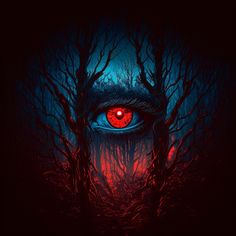 an evil looking red eye in the middle of a dark forest with trees and branches