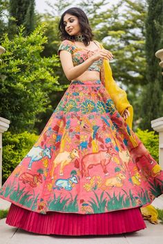 Pink attached cancan panelled lehenga with peacocks and cows kalamkari hand painted patterns. Paired with  padded pink blouse embroidered with glass beads and yellow sequin border lace organza dupatta. - Aza Fashions Traditional Kalamkari Print Lehenga For Wedding, Kalamkari Print Lehenga For Wedding And Festivals, Wedding Lehenga With Kalamkari Print In Traditional Drape, Wedding Lehenga With Kalamkari Print, Traditional Wedding Lehenga With Kalamkari Print, Wedding Dresses With Kalamkari Print, Pink Kalamkari Print Dupatta For Wedding, Unstitched Wedding Choli With Kalamkari Print, Anarkali Sets With Peacock Design For Wedding